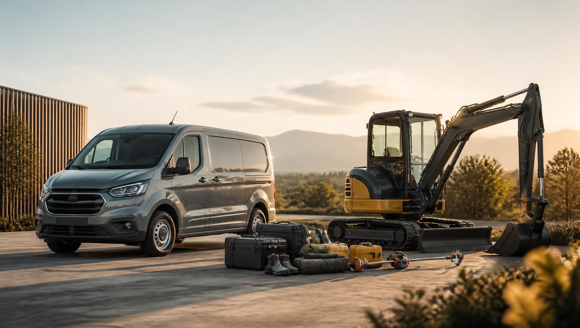 Van, mini excavator and equipment ready to rent